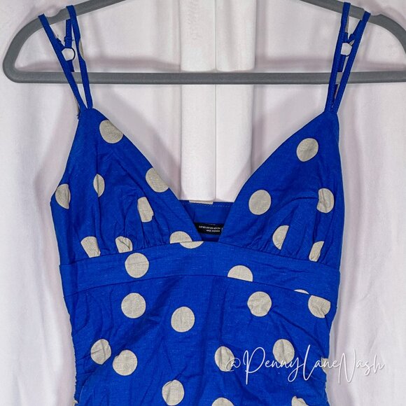 Zara Linen Blend Polka Dot Ruched Midi Dress Blue/Tan - Picture 4 of 13